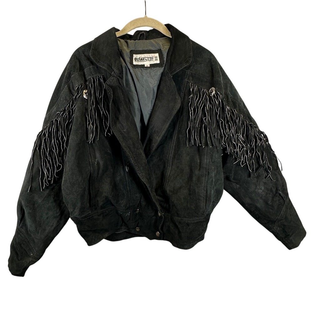 READ Outerstuff II Vintage Black Suede Leather Fringe Jacket Medium Western Boho
